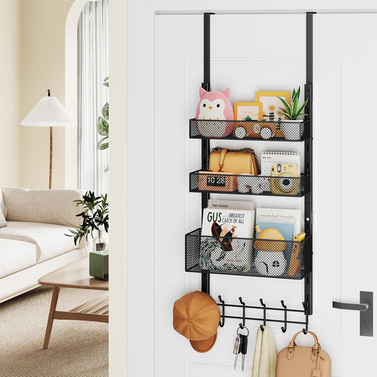 Over The Door Organizer with Coat Hooks and 2 Baskets, Stainless Steel Rustproof Over The Door Hanger Hooks for Bathroom, Kitchen, Bedroom-White (for 1.76in Doors)