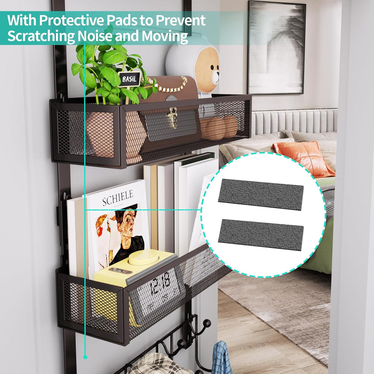 Over The Door Organizer with Coat Hooks and 2 Baskets, Stainless Steel Rustproof Over The Door Hanger Hooks for Bathroom, Kitchen, Bedroom-White (for 1.76in Doors)