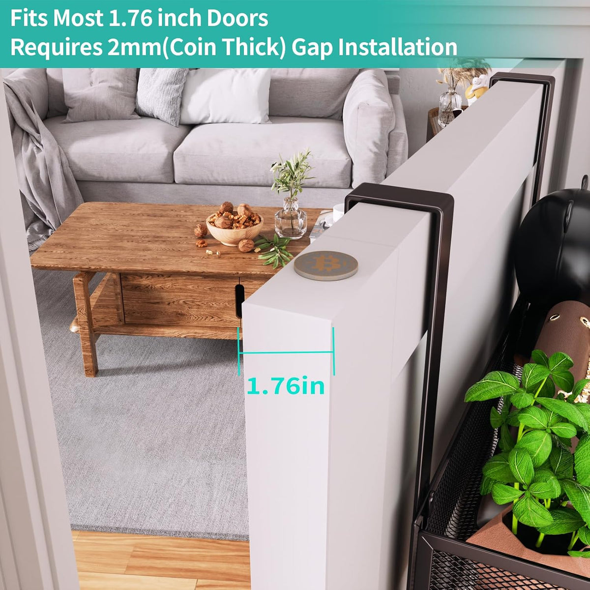 Over The Door Organizer with Coat Hooks and 2 Baskets, Stainless Steel Rustproof Over The Door Hanger Hooks for Bathroom, Kitchen, Bedroom-White (for 1.76in Doors)