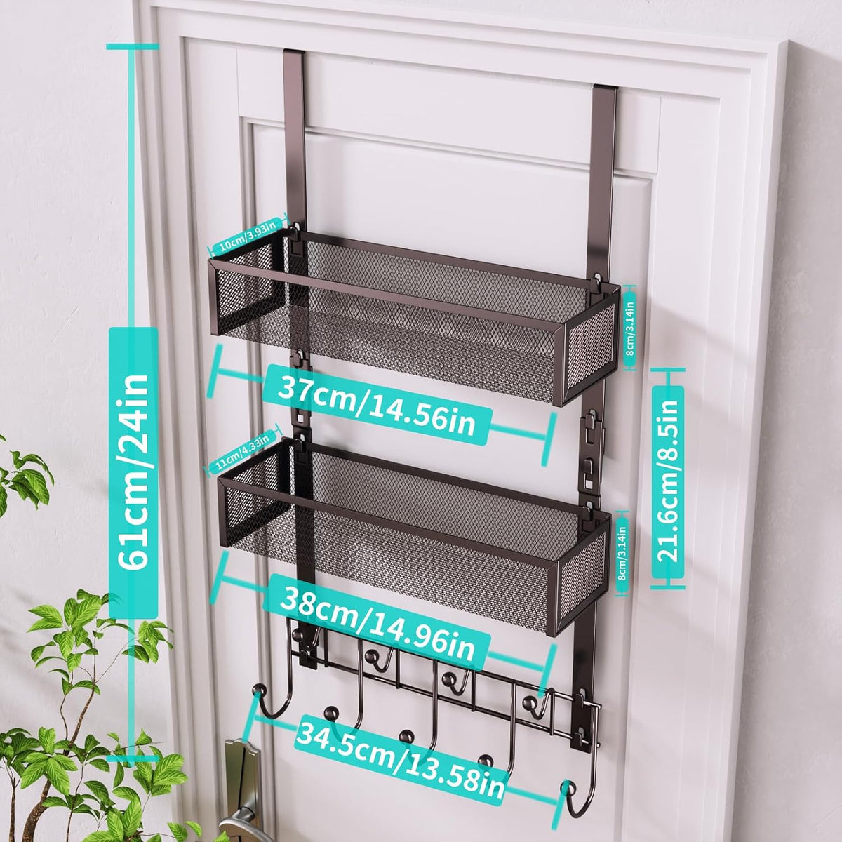 Over The Door Organizer with Coat Hooks and 2 Baskets, Stainless Steel Rustproof Over The Door Hanger Hooks for Bathroom, Kitchen, Bedroom-White (for 1.76in Doors)