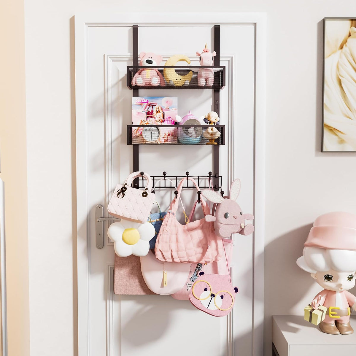 Over The Door Organizer with Coat Hooks and 2 Baskets, Stainless Steel Rustproof Over The Door Hanger Hooks for Bathroom, Kitchen, Bedroom-White (for 1.76in Doors)