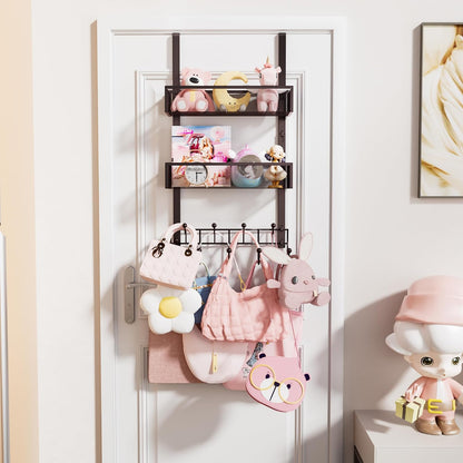 Over The Door Organizer with Coat Hooks and 2 Baskets, Stainless Steel Rustproof Over The Door Hanger Hooks for Bathroom, Kitchen, Bedroom-White (for 1.76in Doors)