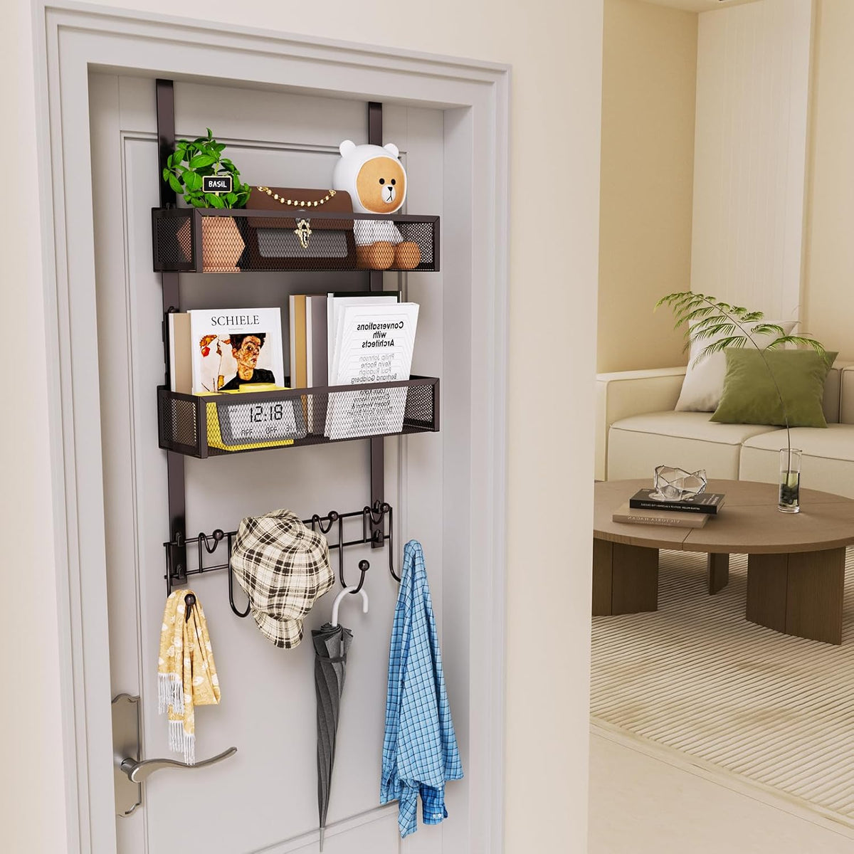 Over The Door Organizer with Coat Hooks and 2 Baskets, Stainless Steel Rustproof Over The Door Hanger Hooks for Bathroom, Kitchen, Bedroom-White (for 1.76in Doors)