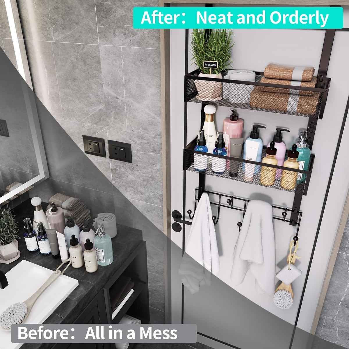 Over The Door Organizer with Coat Hooks and 2 Baskets, Stainless Steel Rustproof Over The Door Hanger Hooks for Bathroom, Kitchen, Bedroom-White (for 1.76in Doors)