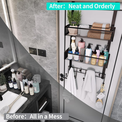 Over The Door Organizer with Coat Hooks and 2 Baskets, Stainless Steel Rustproof Over The Door Hanger Hooks for Bathroom, Kitchen, Bedroom-White (for 1.76in Doors)