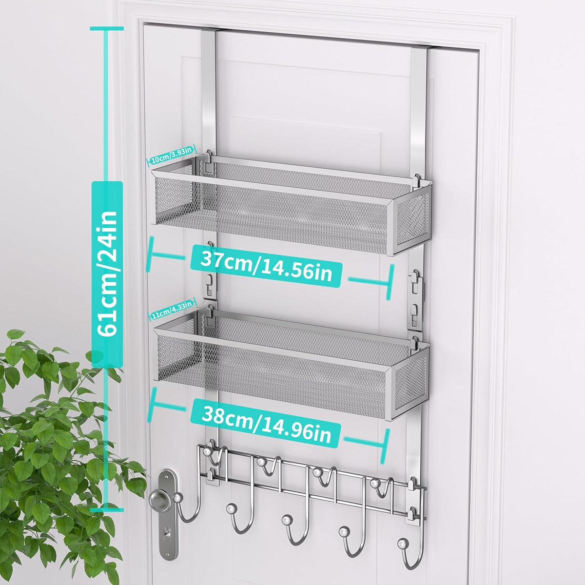 Over The Door Organizer with Coat Hooks and 2 Baskets, Stainless Steel Rustproof Over The Door Hanger Hooks for Bathroom, Kitchen, Bedroom-White (for 1.76in Doors)