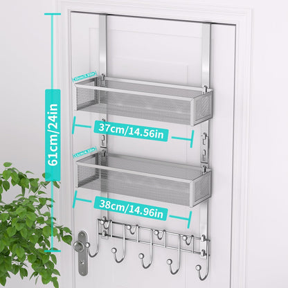 Over The Door Organizer with Coat Hooks and 2 Baskets, Stainless Steel Rustproof Over The Door Hanger Hooks for Bathroom, Kitchen, Bedroom-White (for 1.76in Doors)