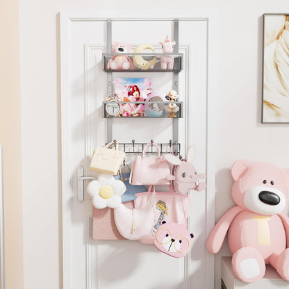 Over The Door Organizer with Coat Hooks and 2 Baskets, Stainless Steel Rustproof Over The Door Hanger Hooks for Bathroom, Kitchen, Bedroom-White (for 1.76in Doors)