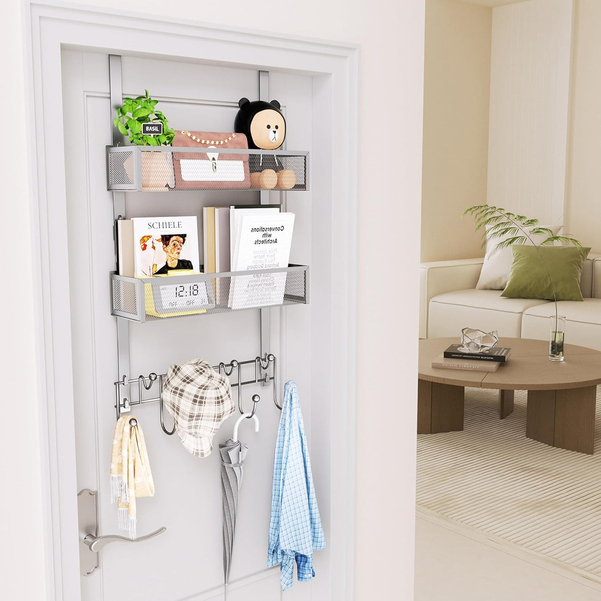 Over The Door Organizer with Coat Hooks and 2 Baskets, Stainless Steel Rustproof Over The Door Hanger Hooks for Bathroom, Kitchen, Bedroom-White (for 1.76in Doors)