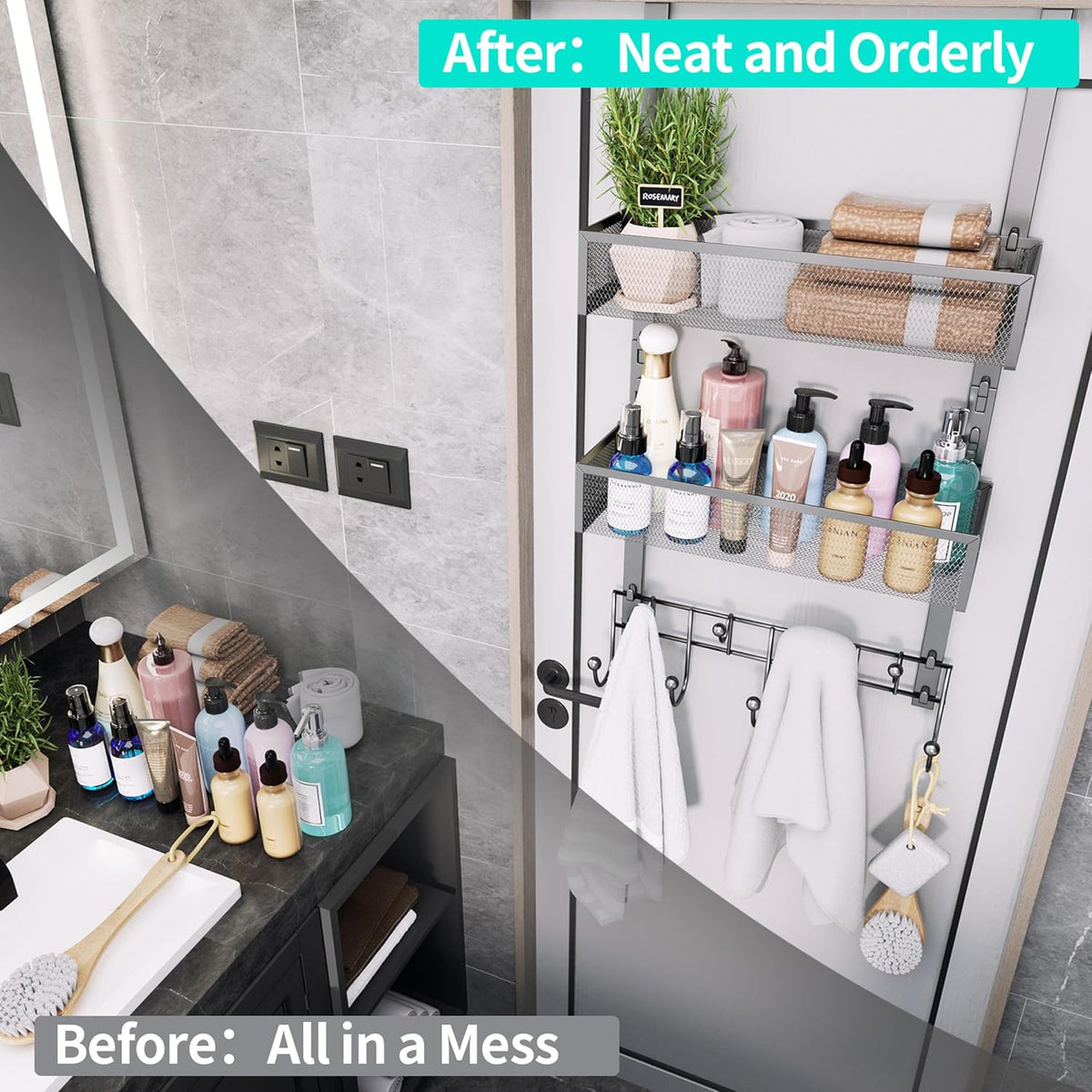 Over The Door Organizer with Coat Hooks and 2 Baskets, Stainless Steel Rustproof Over The Door Hanger Hooks for Bathroom, Kitchen, Bedroom-White (for 1.76in Doors)
