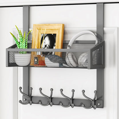 Over The Door Organizer with Coat Hooks and 2 Baskets, Stainless Steel Rustproof Over The Door Hanger Hooks for Bathroom, Kitchen, Bedroom-White (for 1.76in Doors)