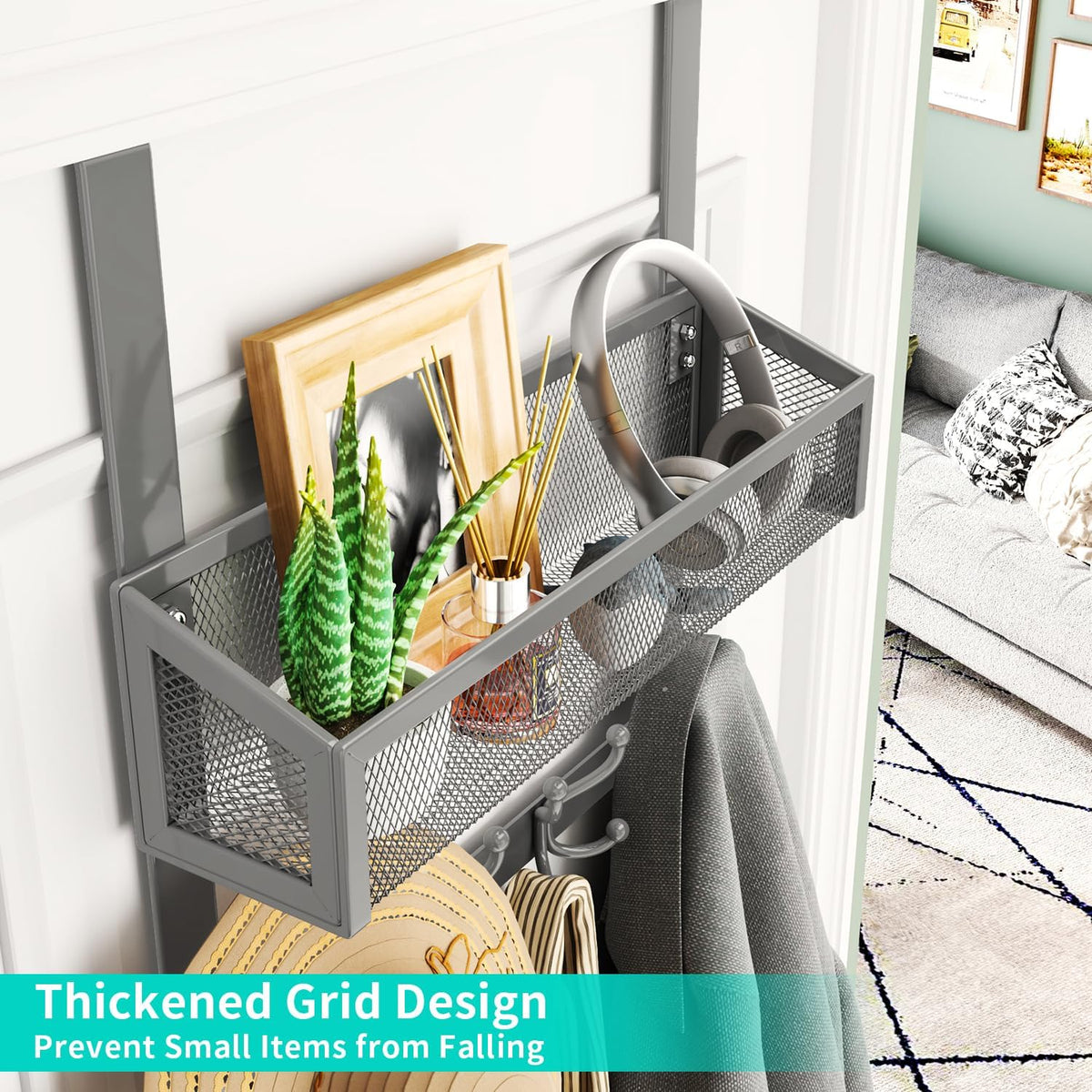 Over The Door Organizer with Coat Hooks and 2 Baskets, Stainless Steel Rustproof Over The Door Hanger Hooks for Bathroom, Kitchen, Bedroom-White (for 1.76in Doors)