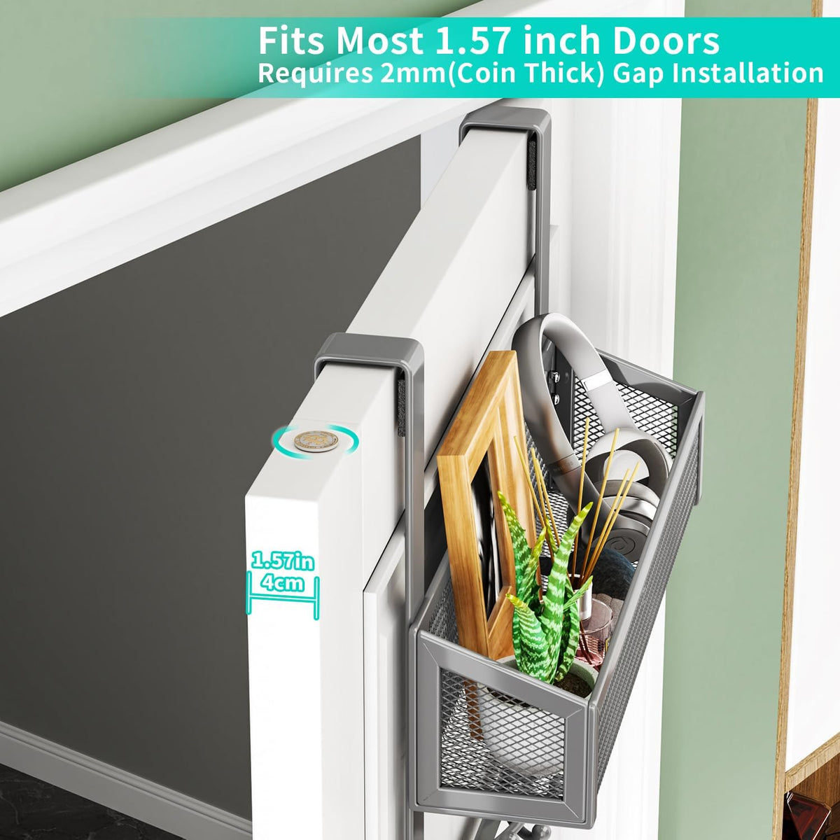 Over The Door Organizer with Coat Hooks and 2 Baskets, Stainless Steel Rustproof Over The Door Hanger Hooks for Bathroom, Kitchen, Bedroom-White (for 1.76in Doors)