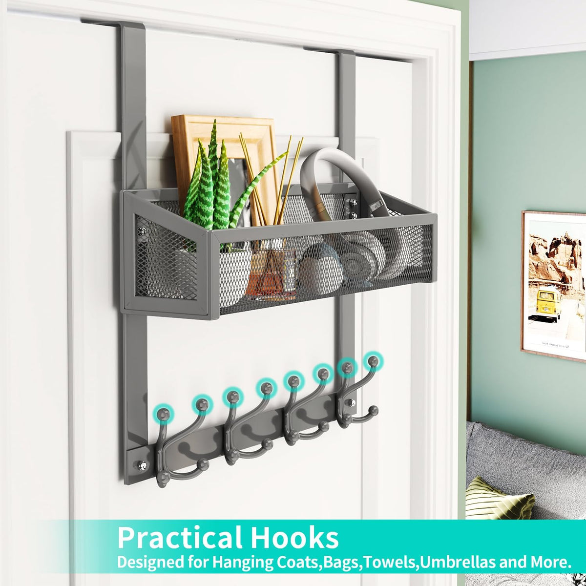 Over The Door Organizer with Coat Hooks and 2 Baskets, Stainless Steel Rustproof Over The Door Hanger Hooks for Bathroom, Kitchen, Bedroom-White (for 1.76in Doors)