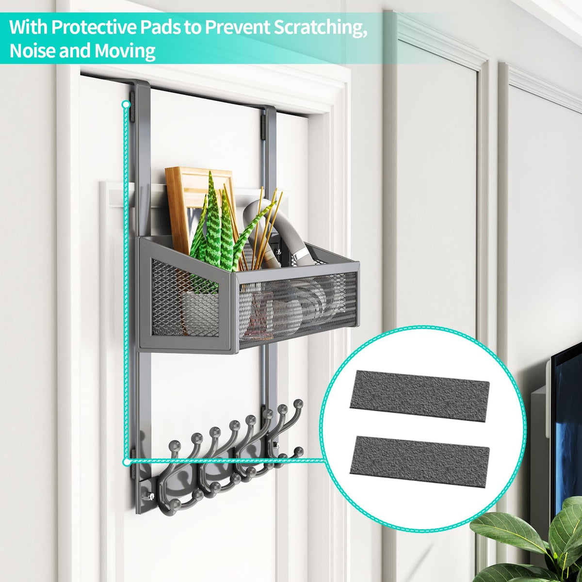 Over The Door Organizer with Coat Hooks and 2 Baskets, Stainless Steel Rustproof Over The Door Hanger Hooks for Bathroom, Kitchen, Bedroom-White (for 1.76in Doors)