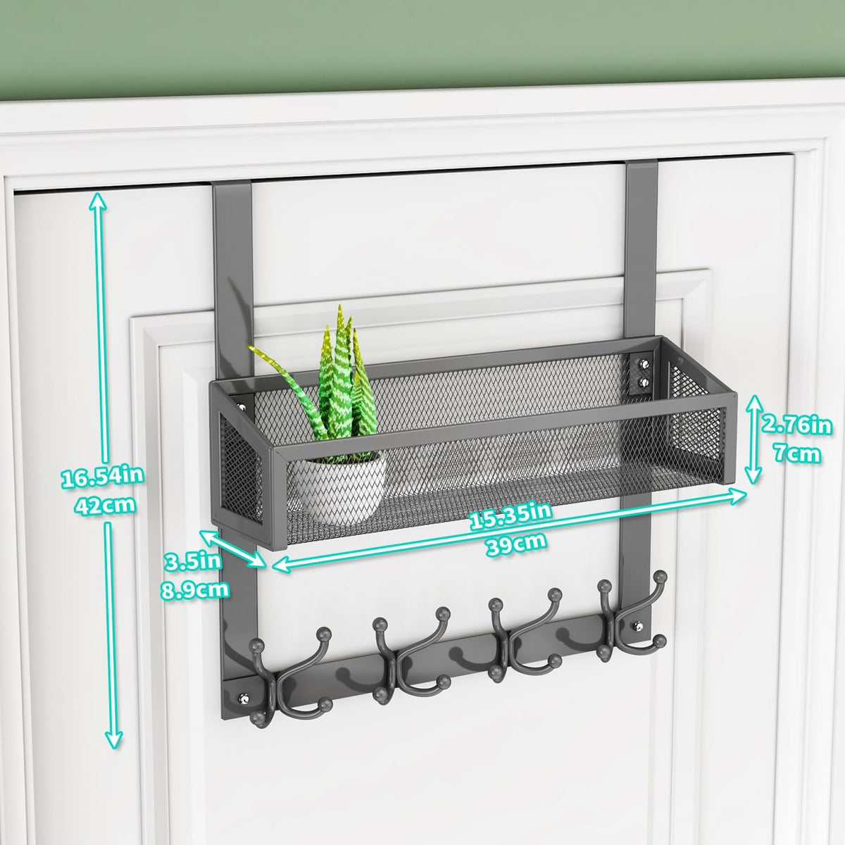 Over The Door Organizer with Coat Hooks and 2 Baskets, Stainless Steel Rustproof Over The Door Hanger Hooks for Bathroom, Kitchen, Bedroom-White (for 1.76in Doors)