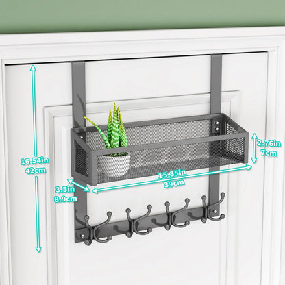 Over The Door Organizer with Coat Hooks and 2 Baskets, Stainless Steel Rustproof Over The Door Hanger Hooks for Bathroom, Kitchen, Bedroom-White (for 1.76in Doors)