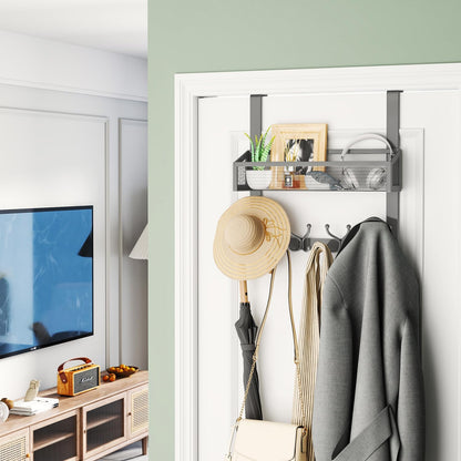 Over The Door Organizer with Coat Hooks and 2 Baskets, Stainless Steel Rustproof Over The Door Hanger Hooks for Bathroom, Kitchen, Bedroom-White (for 1.76in Doors)