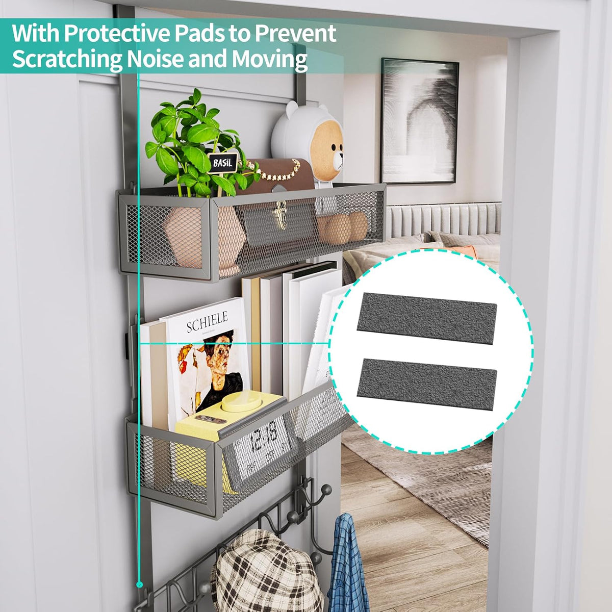 Over The Door Organizer with Coat Hooks and 2 Baskets, Stainless Steel Rustproof Over The Door Hanger Hooks for Bathroom, Kitchen, Bedroom-White (for 1.76in Doors)