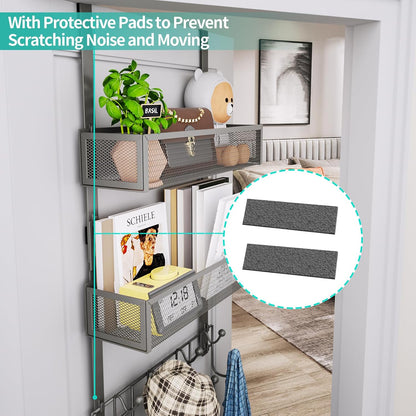 Over The Door Organizer with Coat Hooks and 2 Baskets, Stainless Steel Rustproof Over The Door Hanger Hooks for Bathroom, Kitchen, Bedroom-White (for 1.76in Doors)