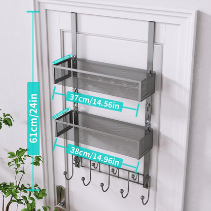 Over The Door Organizer with Coat Hooks and 2 Baskets, Stainless Steel Rustproof Over The Door Hanger Hooks for Bathroom, Kitchen, Bedroom-White (for 1.76in Doors)