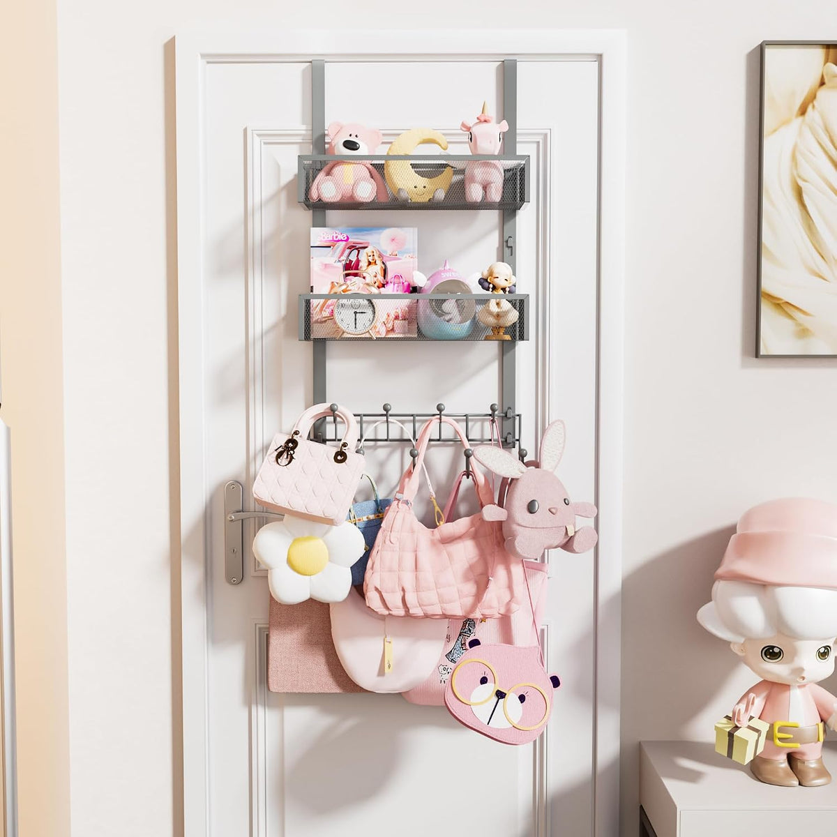 Over The Door Organizer with Coat Hooks and 2 Baskets, Stainless Steel Rustproof Over The Door Hanger Hooks for Bathroom, Kitchen, Bedroom-White (for 1.76in Doors)