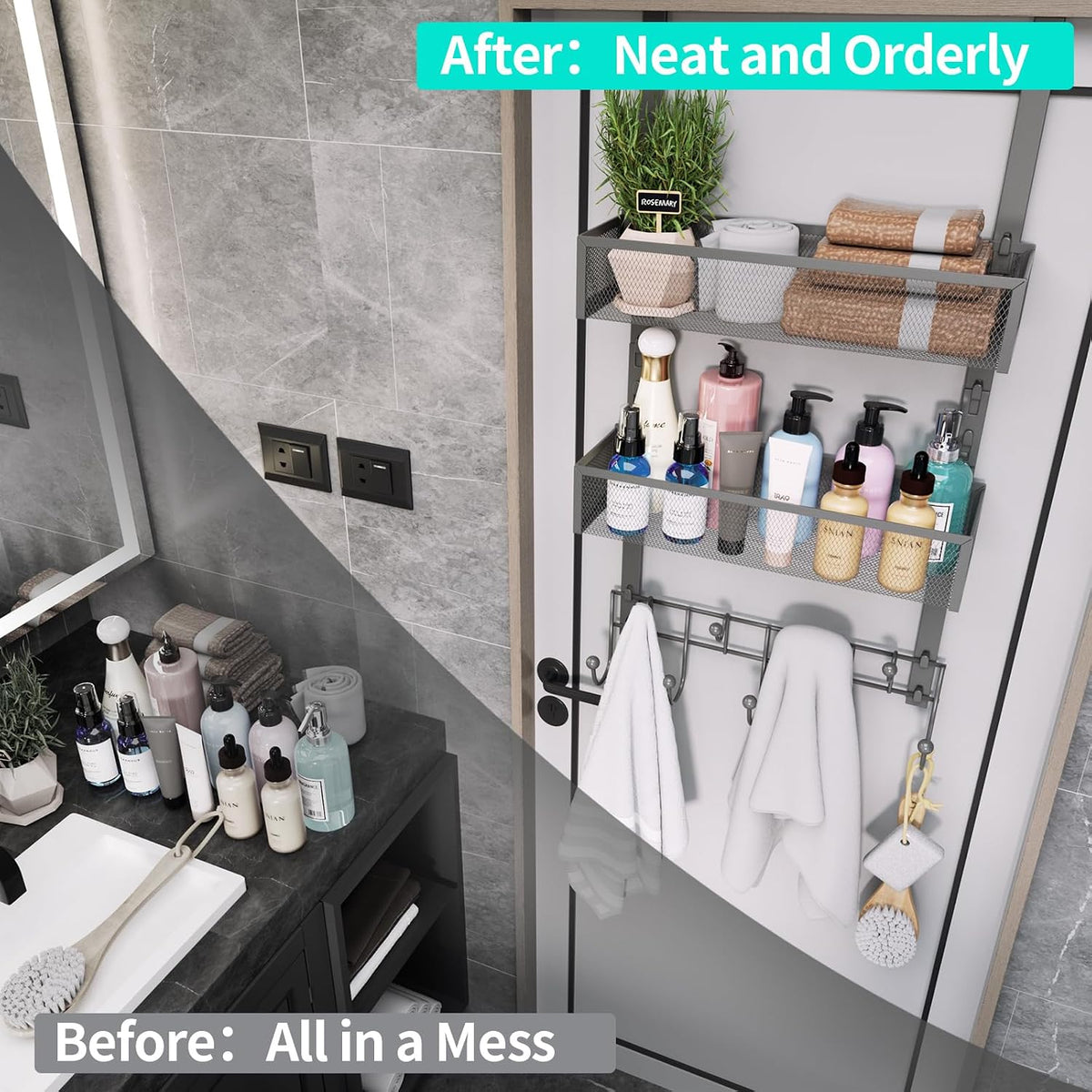 Over The Door Organizer with Coat Hooks and 2 Baskets, Stainless Steel Rustproof Over The Door Hanger Hooks for Bathroom, Kitchen, Bedroom-White (for 1.76in Doors)