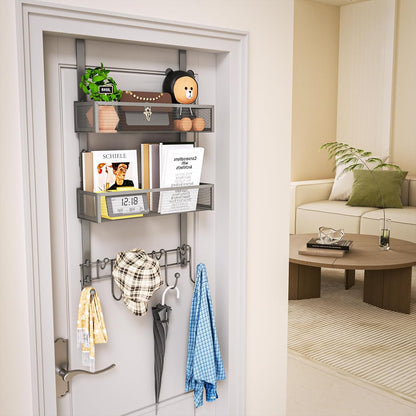 Over The Door Organizer with Coat Hooks and 2 Baskets, Stainless Steel Rustproof Over The Door Hanger Hooks for Bathroom, Kitchen, Bedroom-White (for 1.76in Doors)