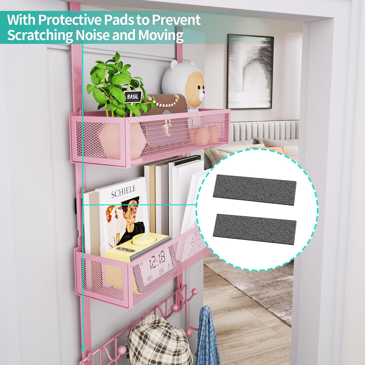 Over The Door Organizer with Coat Hooks and 2 Baskets, Stainless Steel Rustproof Over The Door Hanger Hooks for Bathroom, Kitchen, Bedroom-White (for 1.76in Doors)