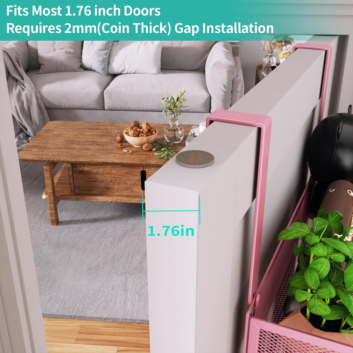 Over The Door Organizer with Coat Hooks and 2 Baskets, Stainless Steel Rustproof Over The Door Hanger Hooks for Bathroom, Kitchen, Bedroom-White (for 1.76in Doors)