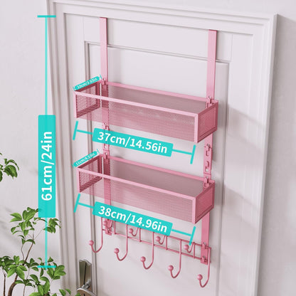 Over The Door Organizer with Coat Hooks and 2 Baskets, Stainless Steel Rustproof Over The Door Hanger Hooks for Bathroom, Kitchen, Bedroom-White (for 1.76in Doors)