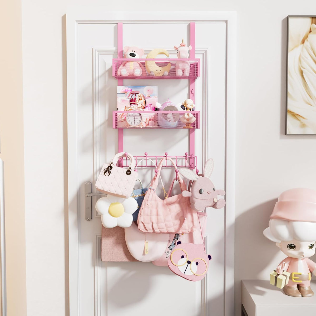 Over The Door Organizer with Coat Hooks and 2 Baskets, Stainless Steel Rustproof Over The Door Hanger Hooks for Bathroom, Kitchen, Bedroom-White (for 1.76in Doors)