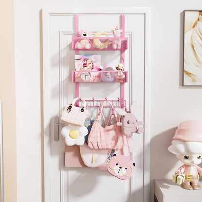 Over The Door Organizer with Coat Hooks and 2 Baskets, Stainless Steel Rustproof Over The Door Hanger Hooks for Bathroom, Kitchen, Bedroom-White (for 1.76in Doors)