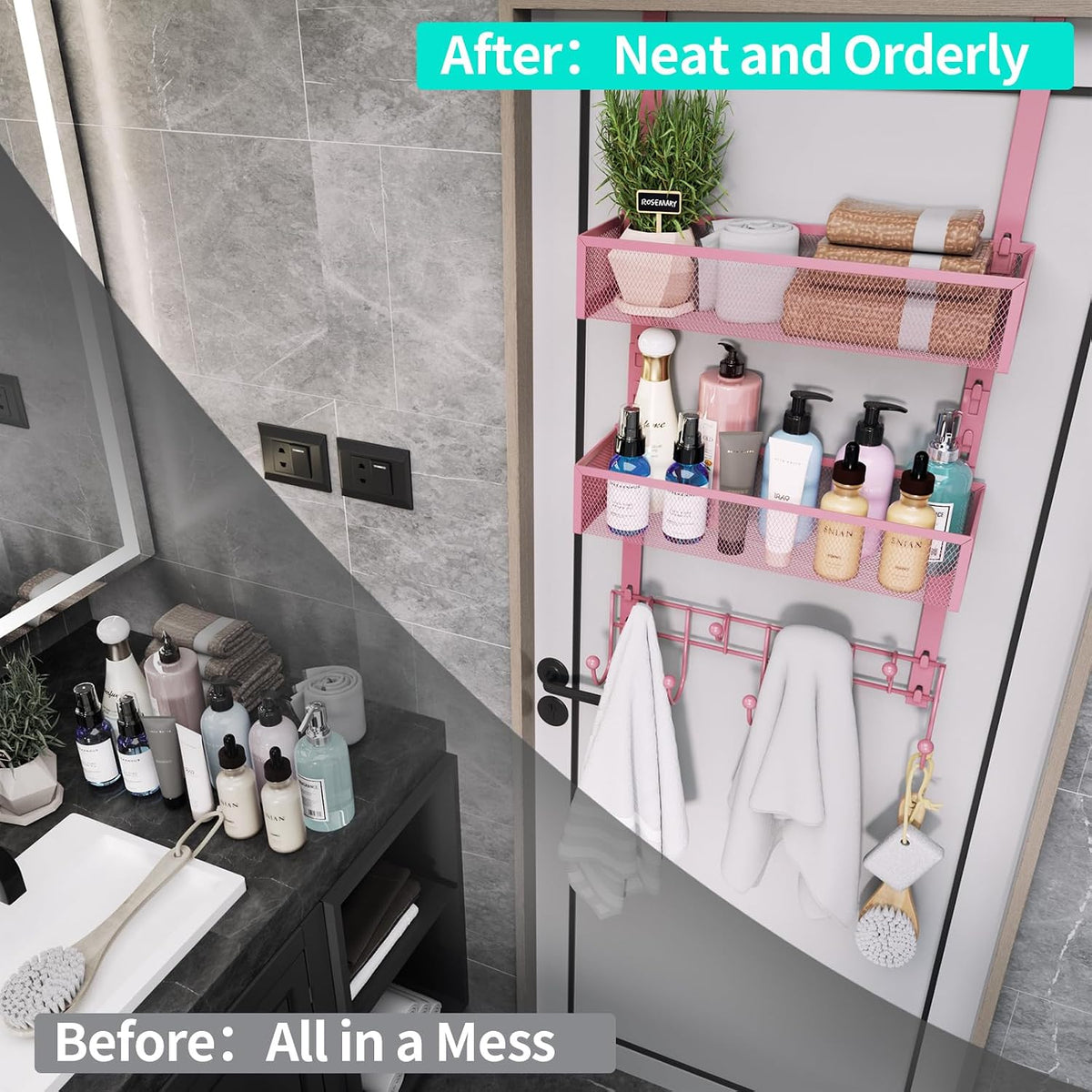 Over The Door Organizer with Coat Hooks and 2 Baskets, Stainless Steel Rustproof Over The Door Hanger Hooks for Bathroom, Kitchen, Bedroom-White (for 1.76in Doors)