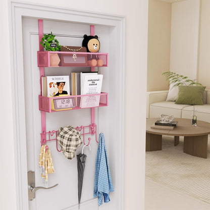Over The Door Organizer with Coat Hooks and 2 Baskets, Stainless Steel Rustproof Over The Door Hanger Hooks for Bathroom, Kitchen, Bedroom-White (for 1.76in Doors)