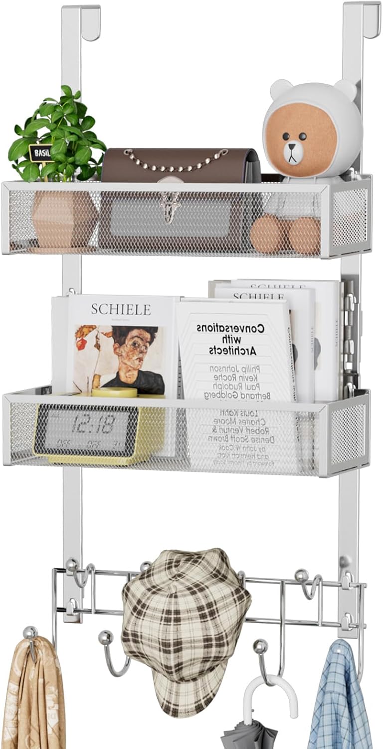 Over The Door Organizer with Coat Hooks and 2 Baskets, Stainless Steel Rustproof Over The Door Hanger Hooks for Bathroom, Kitchen, Bedroom-White (for 1.76in Doors)