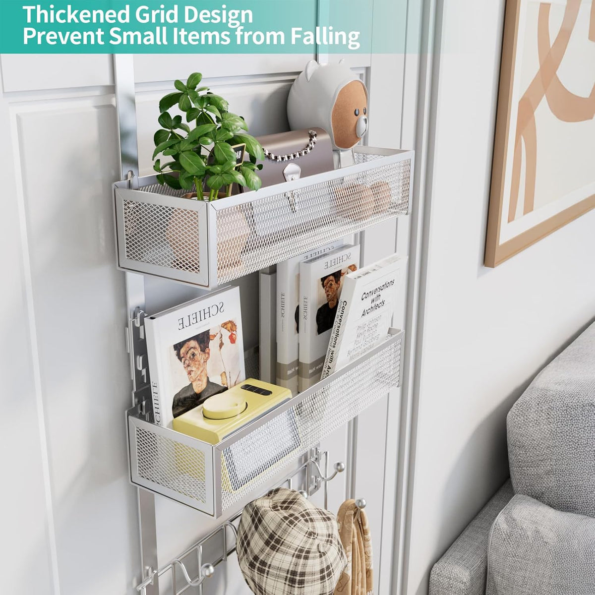 Over The Door Organizer with Coat Hooks and 2 Baskets, Stainless Steel Rustproof Over The Door Hanger Hooks for Bathroom, Kitchen, Bedroom-White (for 1.76in Doors)