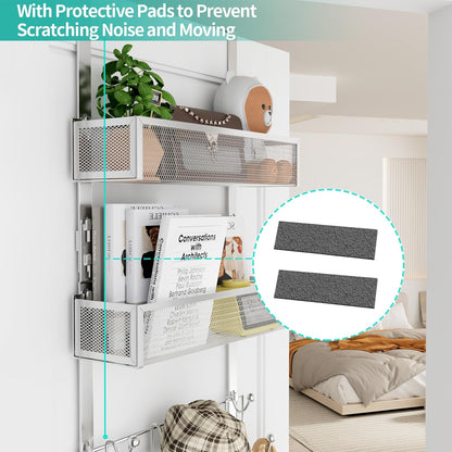 Over The Door Organizer with Coat Hooks and 2 Baskets, Stainless Steel Rustproof Over The Door Hanger Hooks for Bathroom, Kitchen, Bedroom-White (for 1.76in Doors)