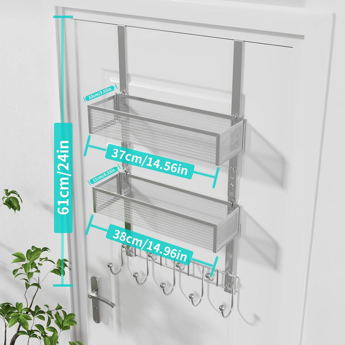 Over The Door Organizer with Coat Hooks and 2 Baskets, Stainless Steel Rustproof Over The Door Hanger Hooks for Bathroom, Kitchen, Bedroom-White (for 1.76in Doors)