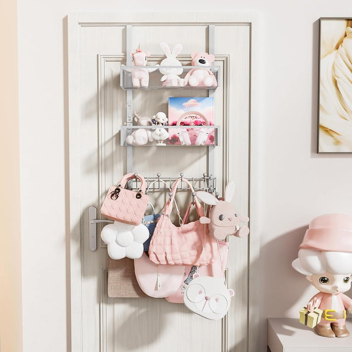 Over The Door Organizer with Coat Hooks and 2 Baskets, Stainless Steel Rustproof Over The Door Hanger Hooks for Bathroom, Kitchen, Bedroom-White (for 1.76in Doors)