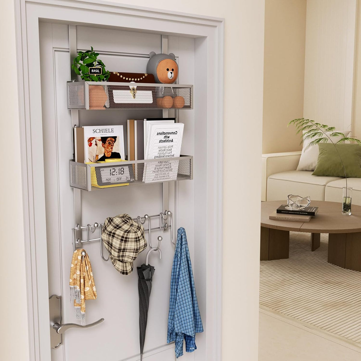 Over The Door Organizer with Coat Hooks and 2 Baskets, Stainless Steel Rustproof Over The Door Hanger Hooks for Bathroom, Kitchen, Bedroom-White (for 1.76in Doors)