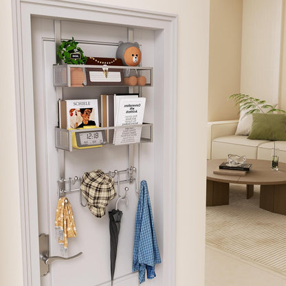 Over The Door Organizer with Coat Hooks and 2 Baskets, Stainless Steel Rustproof Over The Door Hanger Hooks for Bathroom, Kitchen, Bedroom-White (for 1.76in Doors)