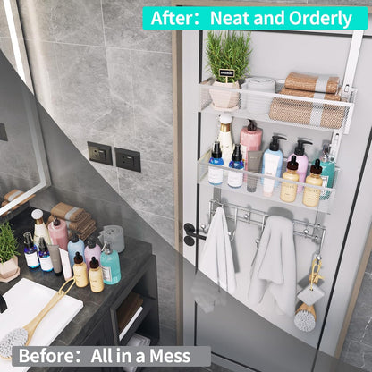 Over The Door Organizer with Coat Hooks and 2 Baskets, Stainless Steel Rustproof Over The Door Hanger Hooks for Bathroom, Kitchen, Bedroom-White (for 1.76in Doors)