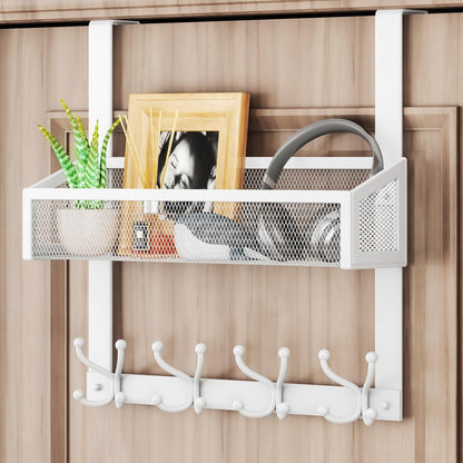 Over The Door Organizer with Coat Hooks and 2 Baskets, Stainless Steel Rustproof Over The Door Hanger Hooks for Bathroom, Kitchen, Bedroom-White (for 1.76in Doors)