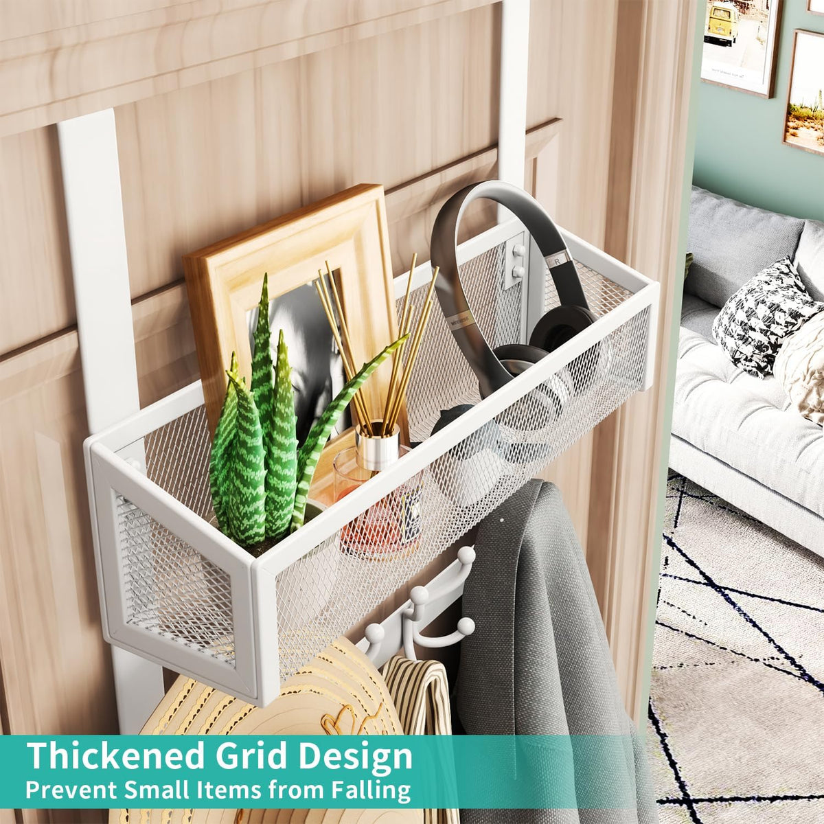Over The Door Organizer with Coat Hooks and 2 Baskets, Stainless Steel Rustproof Over The Door Hanger Hooks for Bathroom, Kitchen, Bedroom-White (for 1.76in Doors)
