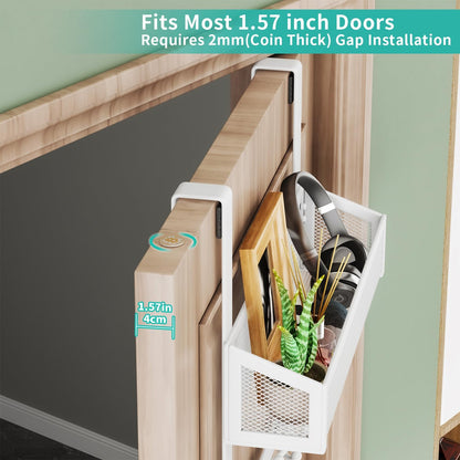 Over The Door Organizer with Coat Hooks and 2 Baskets, Stainless Steel Rustproof Over The Door Hanger Hooks for Bathroom, Kitchen, Bedroom-White (for 1.76in Doors)