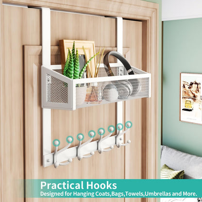 Over The Door Organizer with Coat Hooks and 2 Baskets, Stainless Steel Rustproof Over The Door Hanger Hooks for Bathroom, Kitchen, Bedroom-White (for 1.76in Doors)