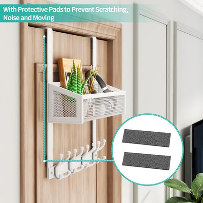 Over The Door Organizer with Coat Hooks and 2 Baskets, Stainless Steel Rustproof Over The Door Hanger Hooks for Bathroom, Kitchen, Bedroom-White (for 1.76in Doors)