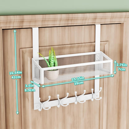 Over The Door Organizer with Coat Hooks and 2 Baskets, Stainless Steel Rustproof Over The Door Hanger Hooks for Bathroom, Kitchen, Bedroom-White (for 1.76in Doors)