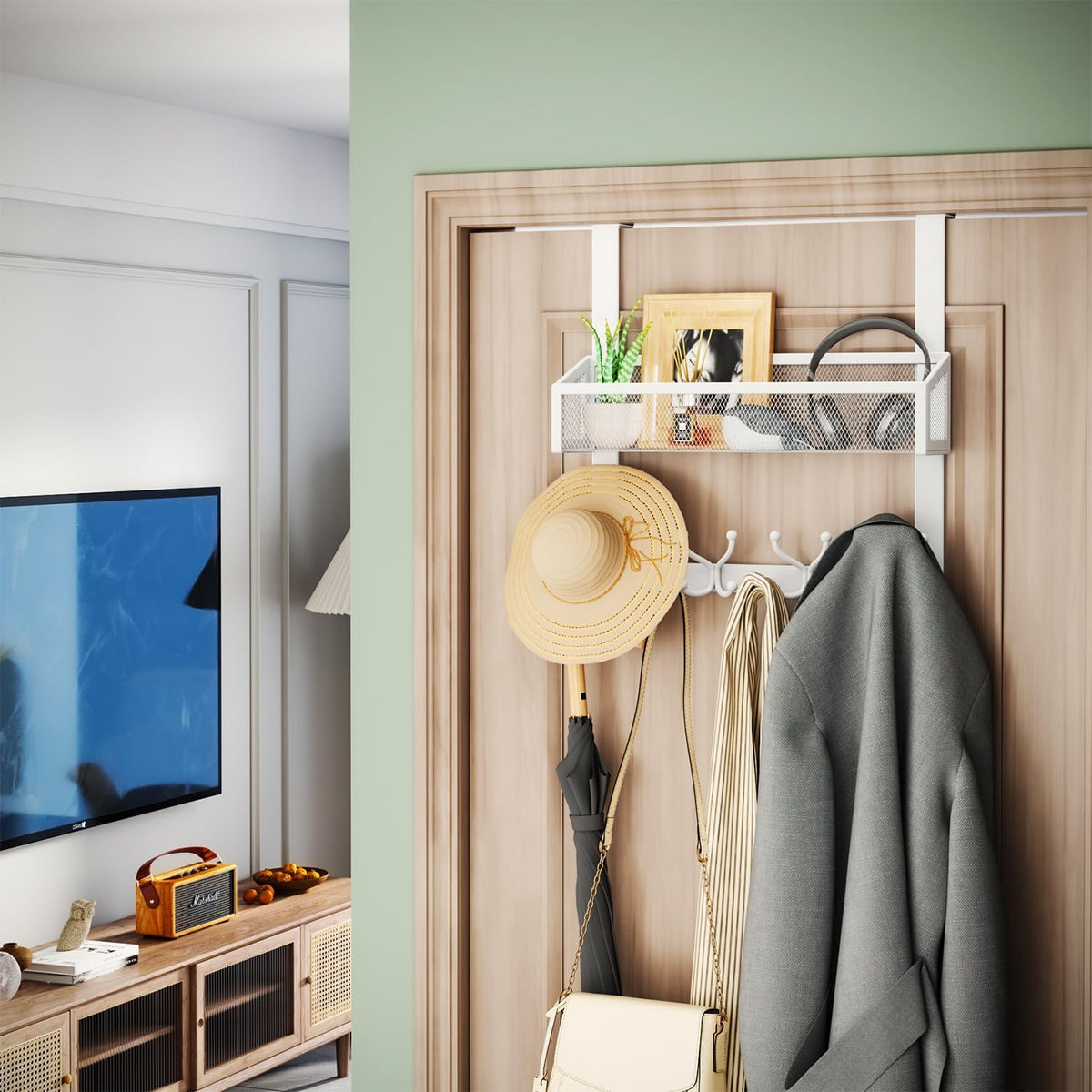 Over The Door Organizer with Coat Hooks and 2 Baskets, Stainless Steel Rustproof Over The Door Hanger Hooks for Bathroom, Kitchen, Bedroom-White (for 1.76in Doors)